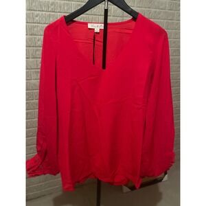 Vine & Love Red Blouse‎ Long Sleeve V-Neck Lace Cuff Elegant Top